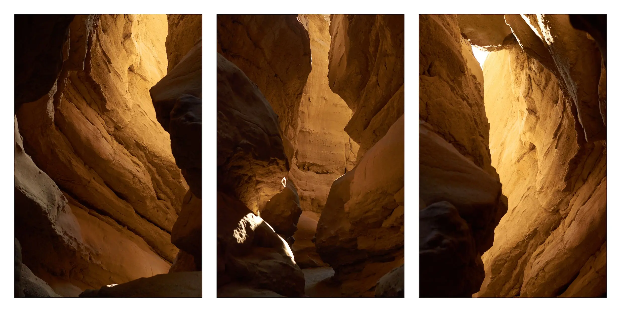 Triptych of photos all containing golden light shining down into a narrow slot canyon in Anza-Borrego Desert State Park.