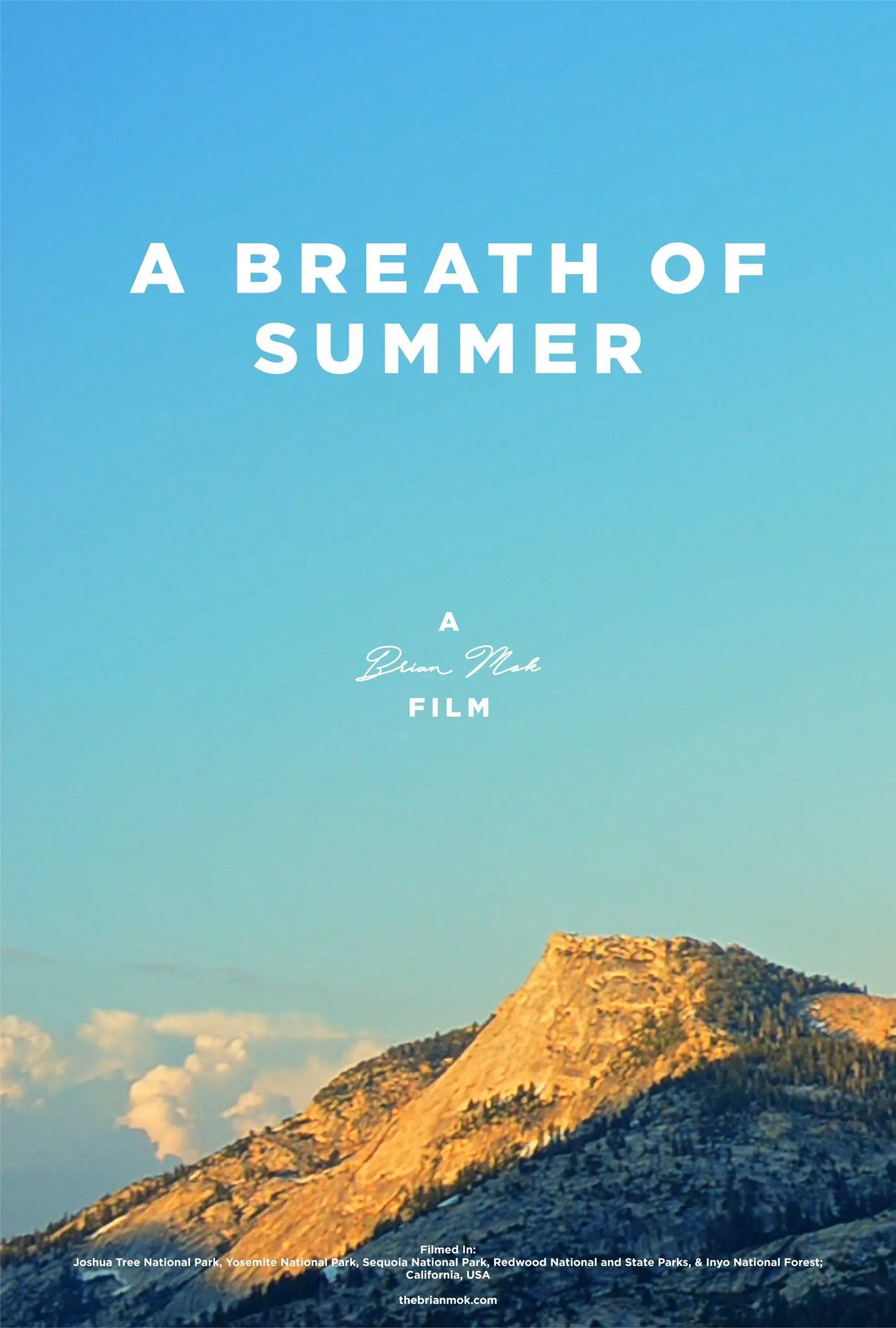 "A Breath of Summer" film poster. Golden hills under clear blue skies during sunset at Yosemite National Park.