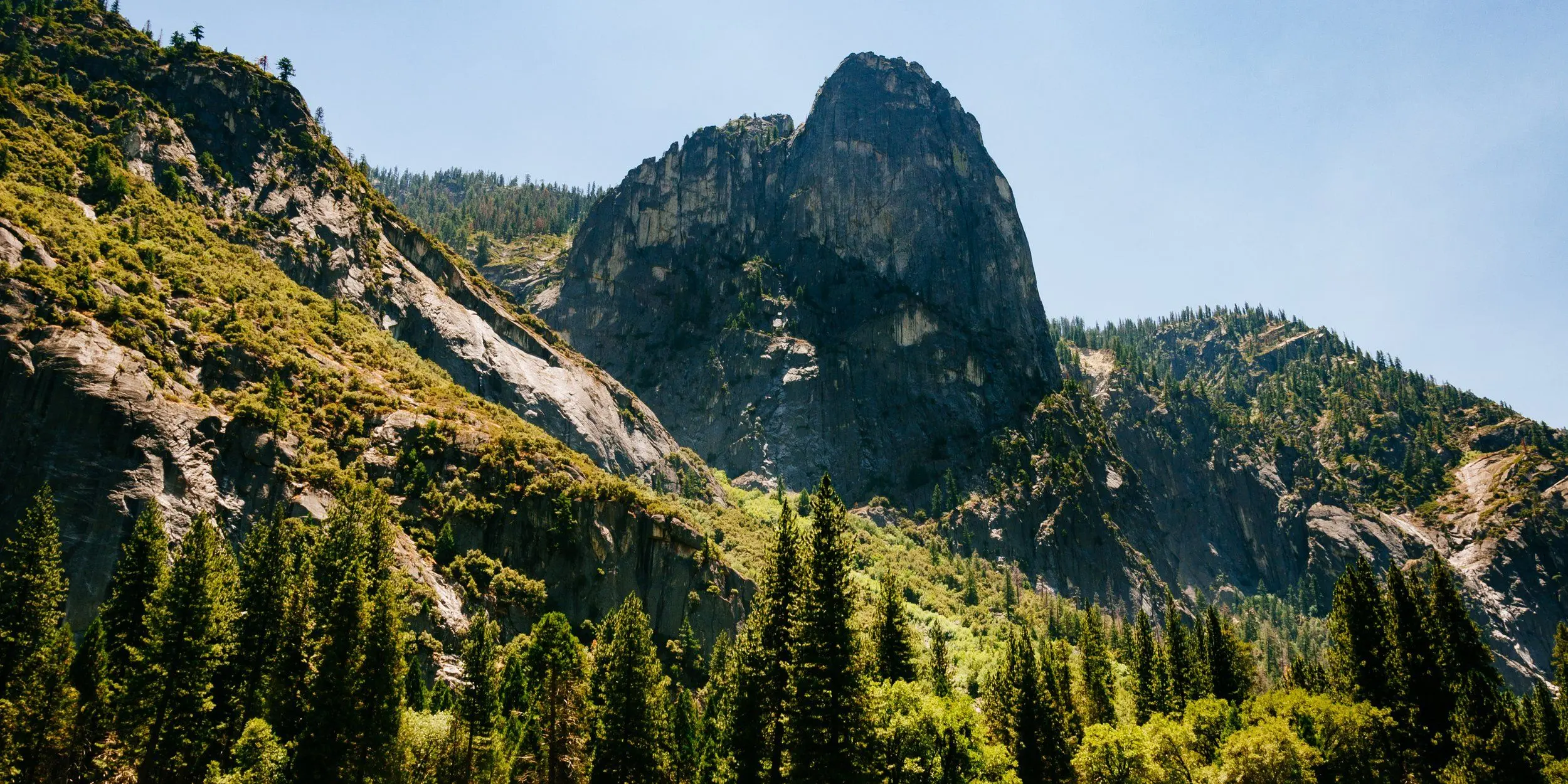Yosemite's Sentinel Rock stands majestically over lush green trees on a bright summer day.