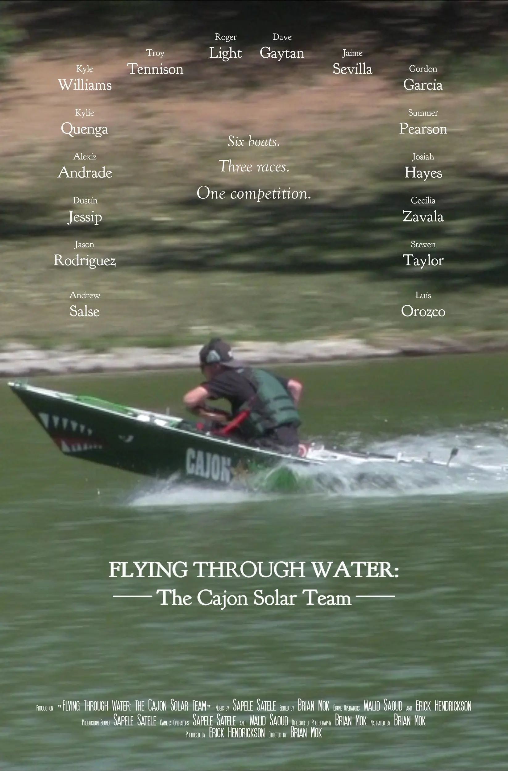 "Flying Through Water: The Cajon Solar Team" film poster. A racer flies through the water in a student-built speed boat.