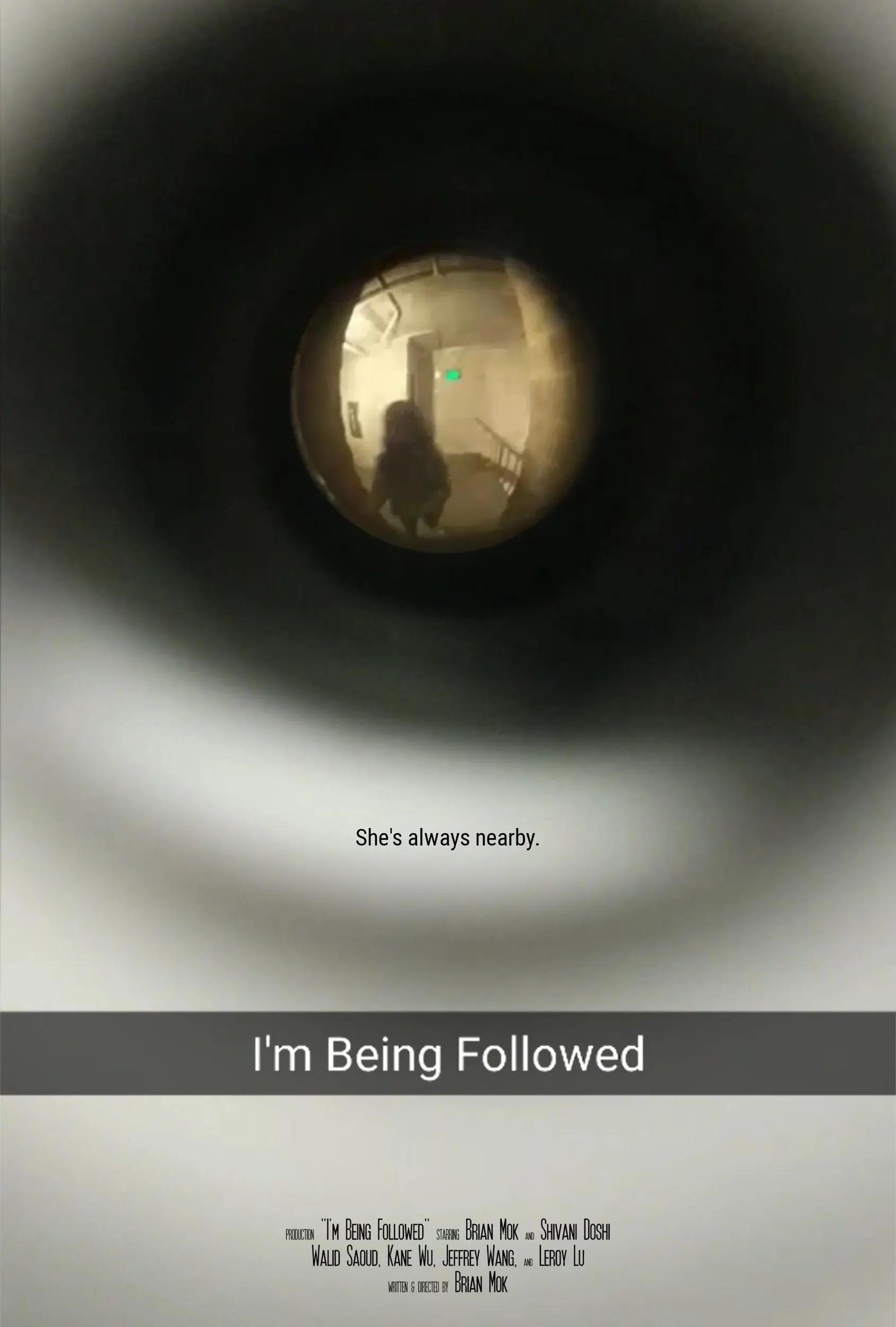 "I'm Being Followed" film poster. A look through a peephole at a shadowed figure in a stairwell.